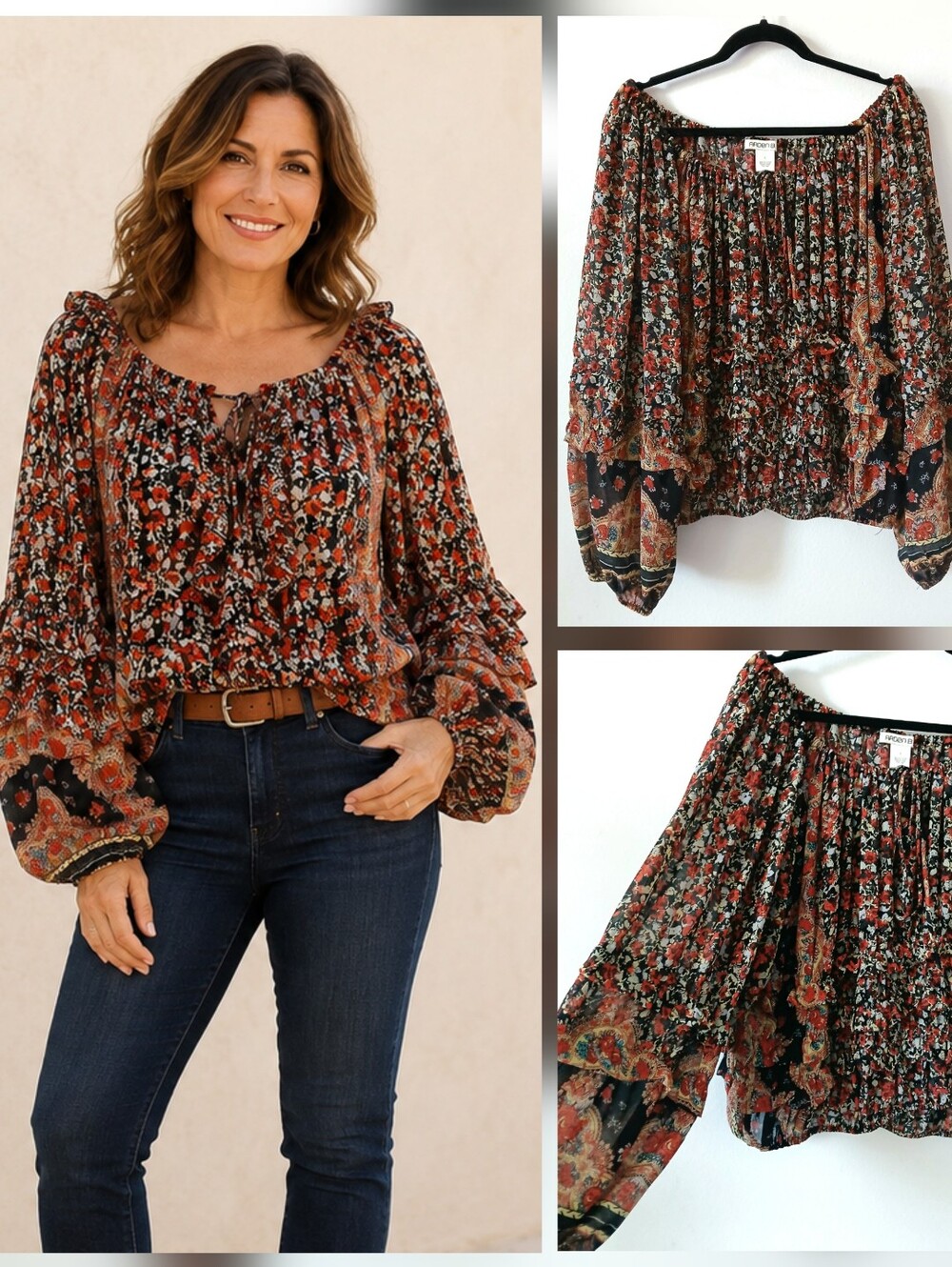 ARDEN B Floral RUFFLE Balloon Sleeve Boho Peasant Paisley Blouse Women's Size L